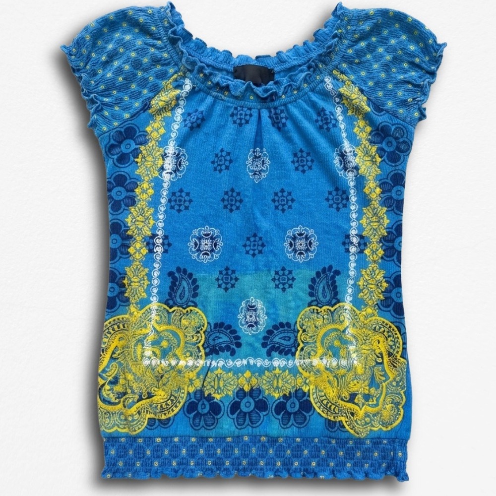 Self Esteem Y2K Blue‎ Paisley Bandana Print Ruffle Cap Sleeve Smocked Top M